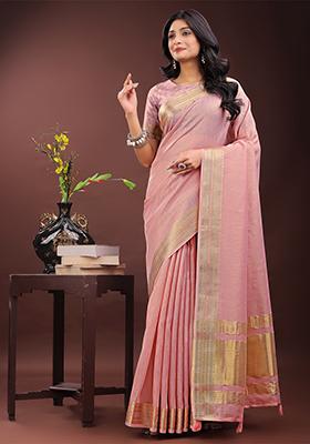 Light Pink Woven Zari Work Organza Saree Set