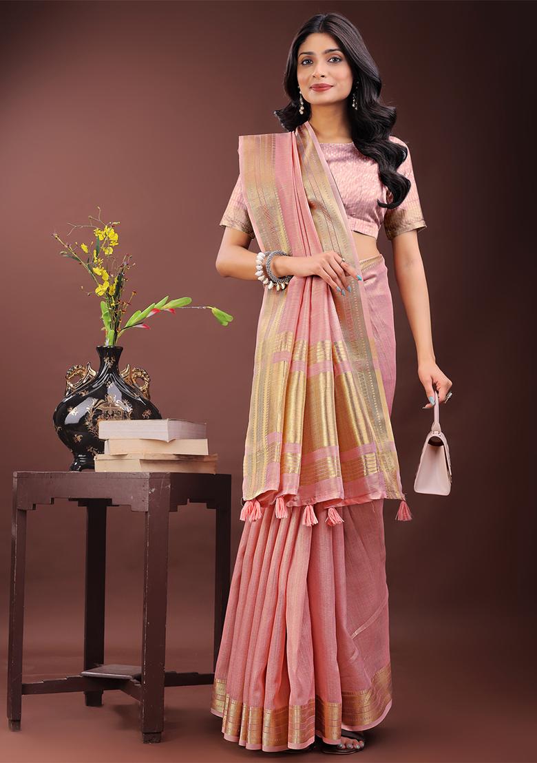 Light Pink Woven Zari Work Organza Saree Set