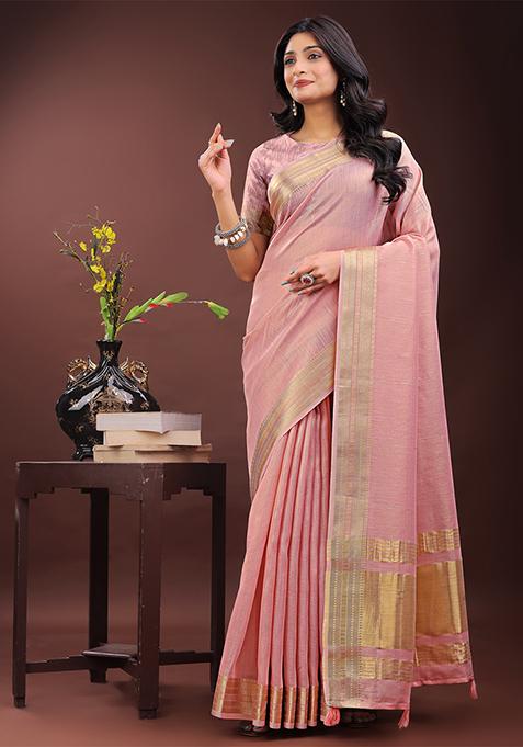 Light Pink Woven Zari Work Organza Saree Set