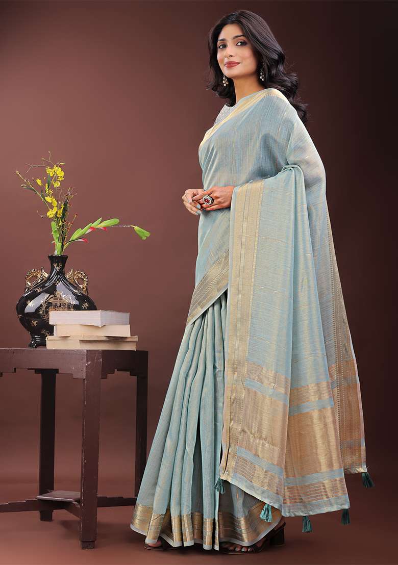 Sky Blue Woven Zari Work Organza Saree Set - Indya
