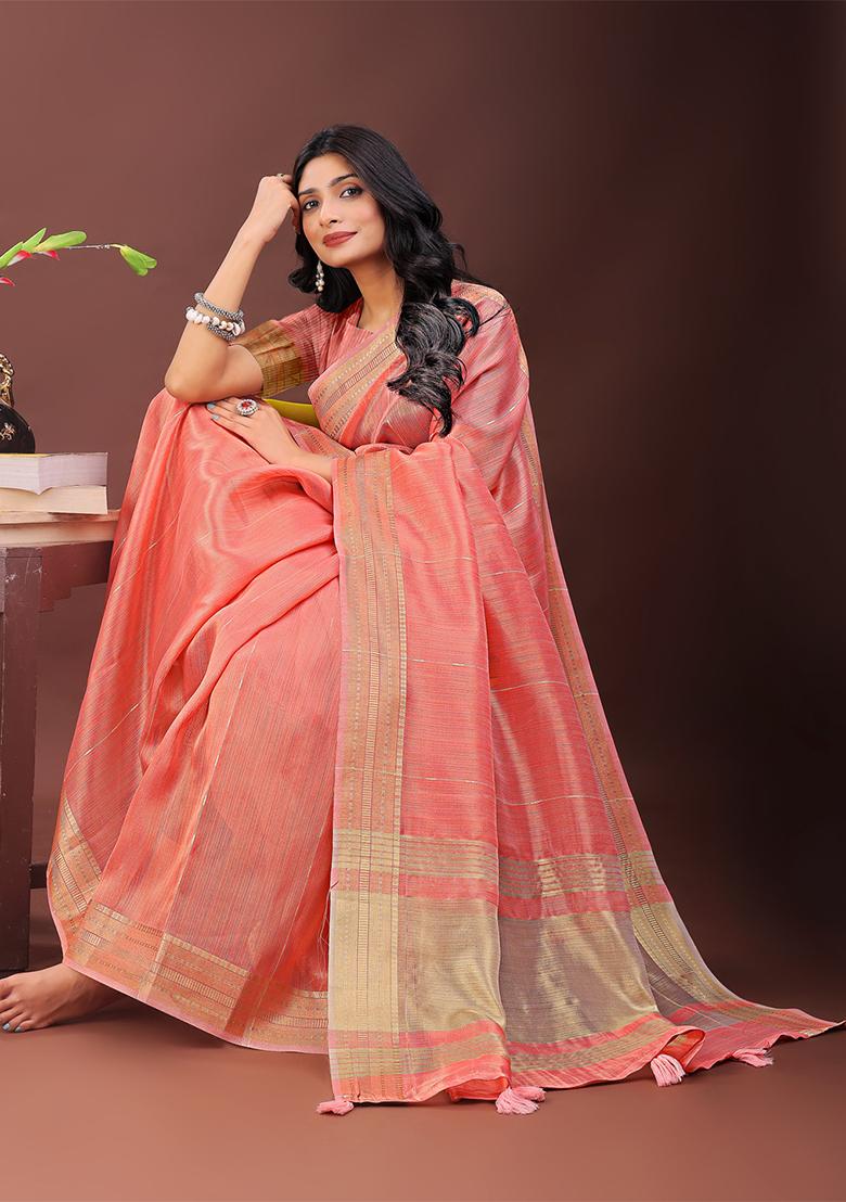 Peach Woven Zari Work Organza Saree Set