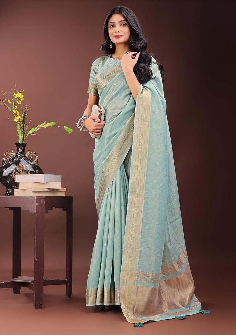 Olive Green Woven Zari Work Organza Saree Set