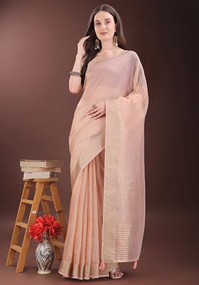 Peach Woven Zari Work Organza Saree Set