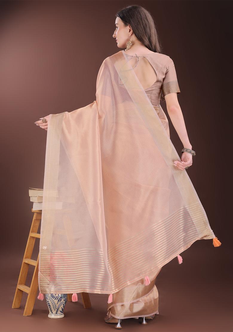 Peach Woven Zari Work Organza Saree Set