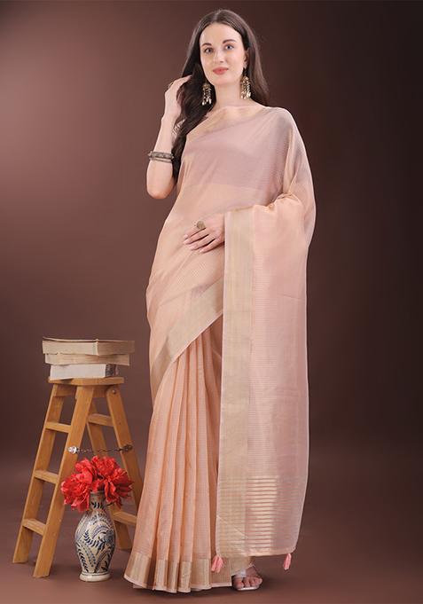 Peach Woven Zari Work Organza Saree Set