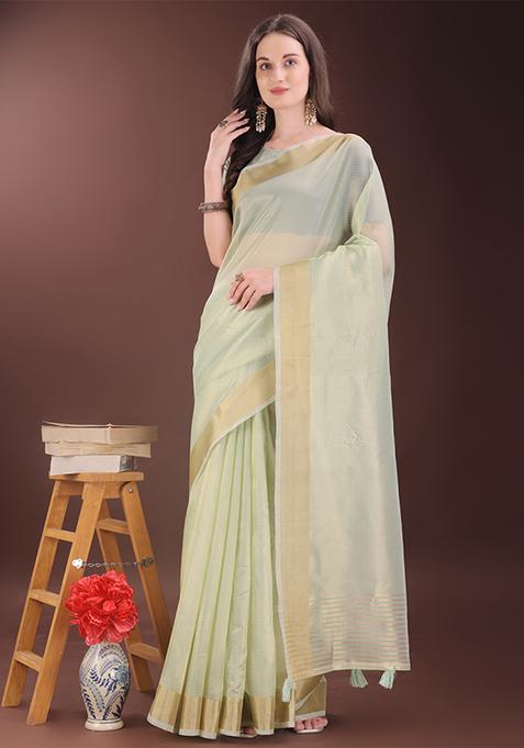 Light Green Woven Zari Work Organza Saree Set