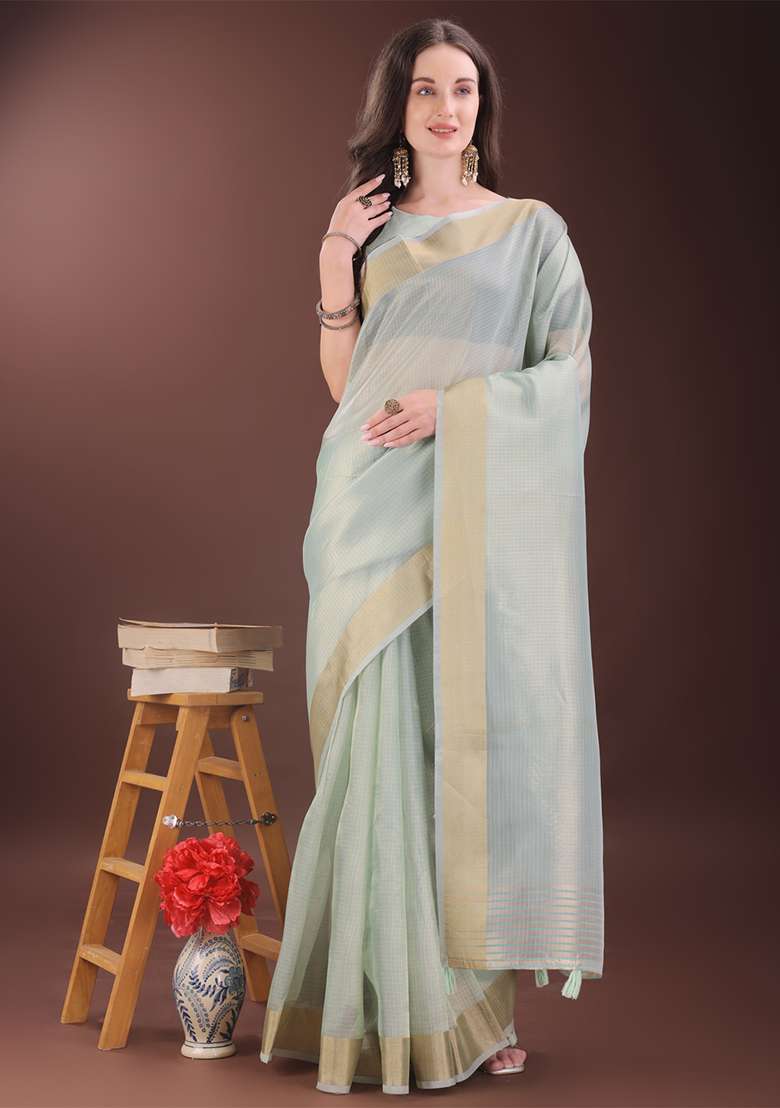 Sky Blue Woven Zari Work Organza Saree Set - Indya