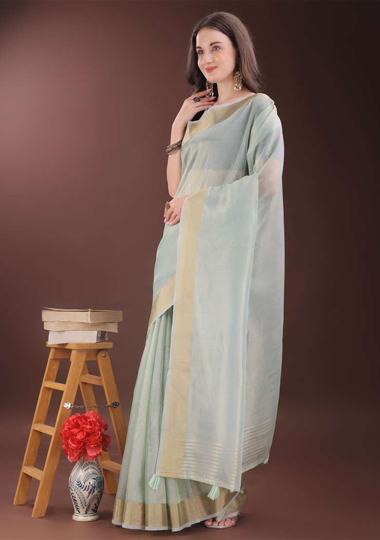 Sky Blue Woven Zari Work Organza Saree Set - Indya