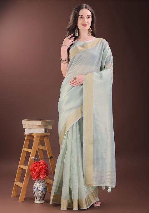Sky Blue Woven Zari Work Organza Saree Set