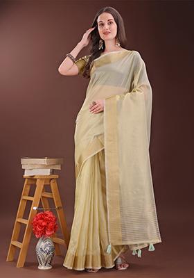 Light Yellow Woven Zari Work Organza Saree Set