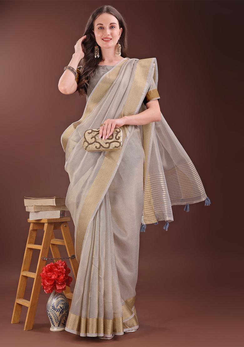 Brown Woven Zari Work Organza Saree Set