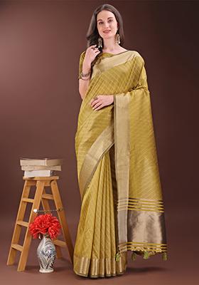 Mustard Yellow Woven Zari Work Organza Saree Set