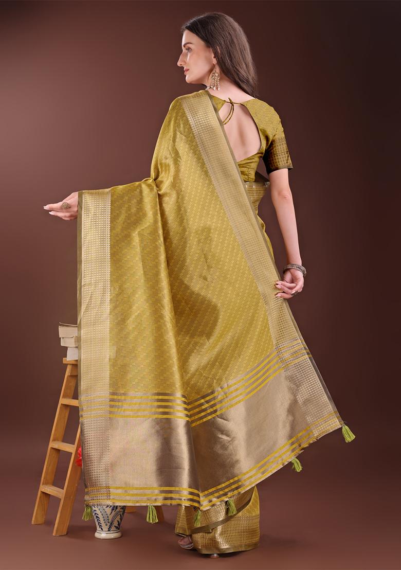 Mustard Yellow Woven Zari Work Organza Saree Set