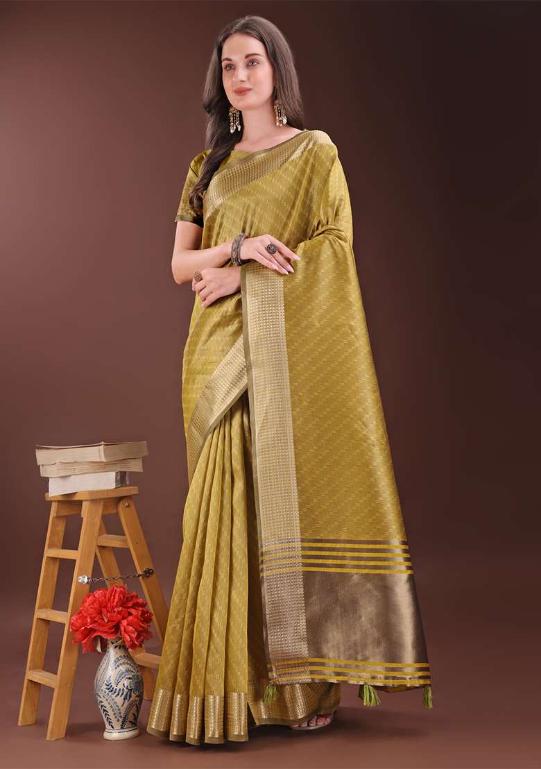 Mustard Yellow Woven Zari Work Organza Saree Set - Indya