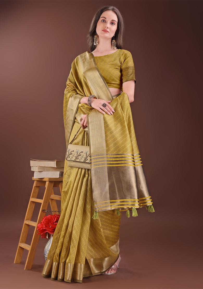 Mustard Yellow Woven Zari Work Organza Saree Set