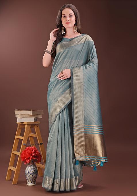 Sea Green Woven Zari Work Organza Saree Set