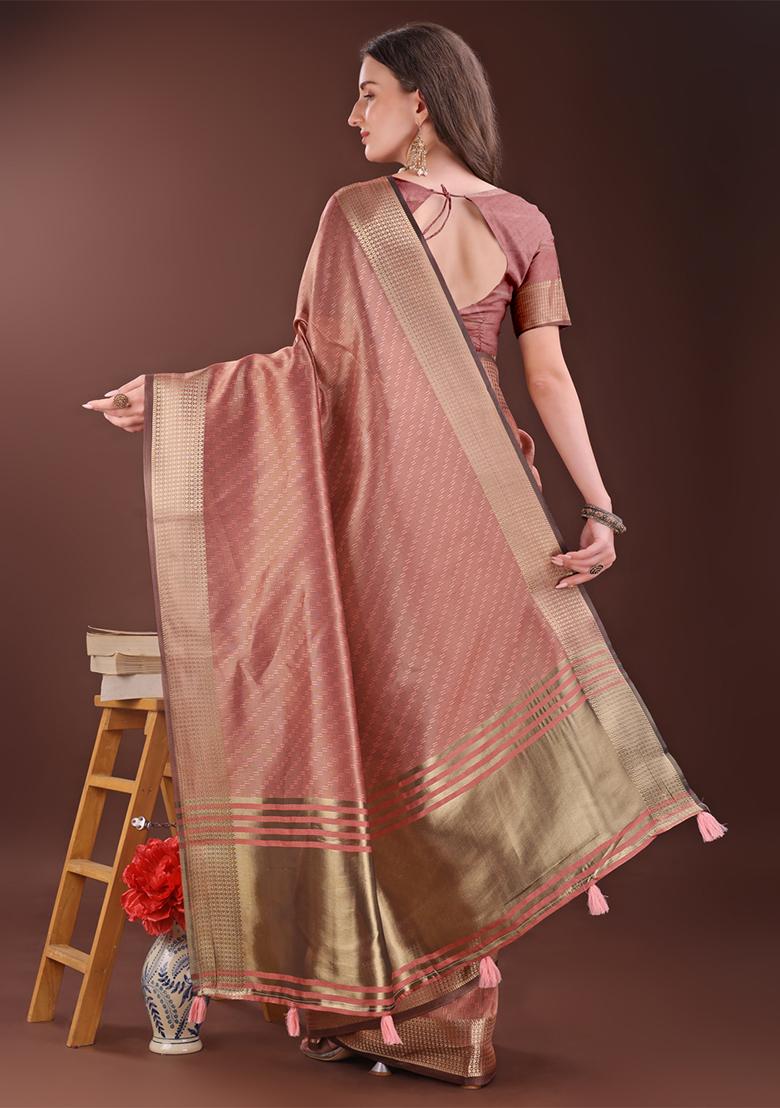 Peach Woven Zari Work Organza Saree Set