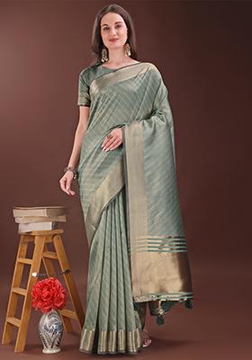 Green Woven Zari Work Organza Saree Set