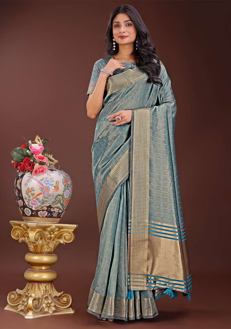 Sky Blue Woven Zari Work Organza Saree Set - Indya