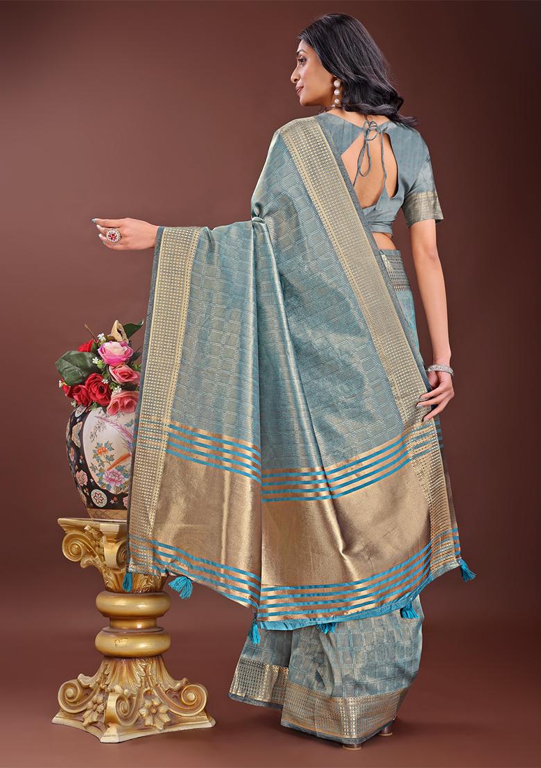 Sky Blue Woven Zari Work Organza Saree Set