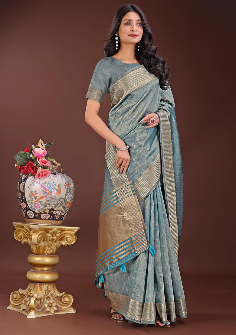 Sky Blue Woven Zari Work Organza Saree Set