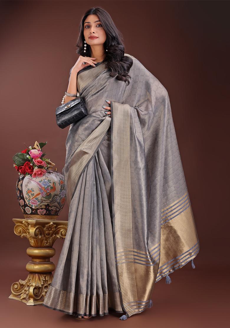 Grey Woven Zari Work Organza Saree Set