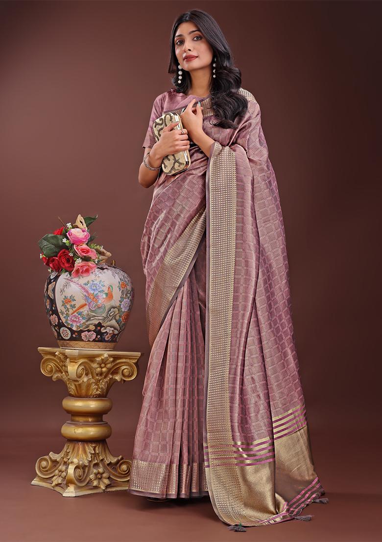 Magenta Woven Zari Work Organza Saree Set