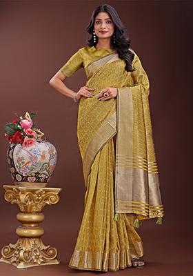 Mustard Yellow Woven Zari Work Organza Saree Set