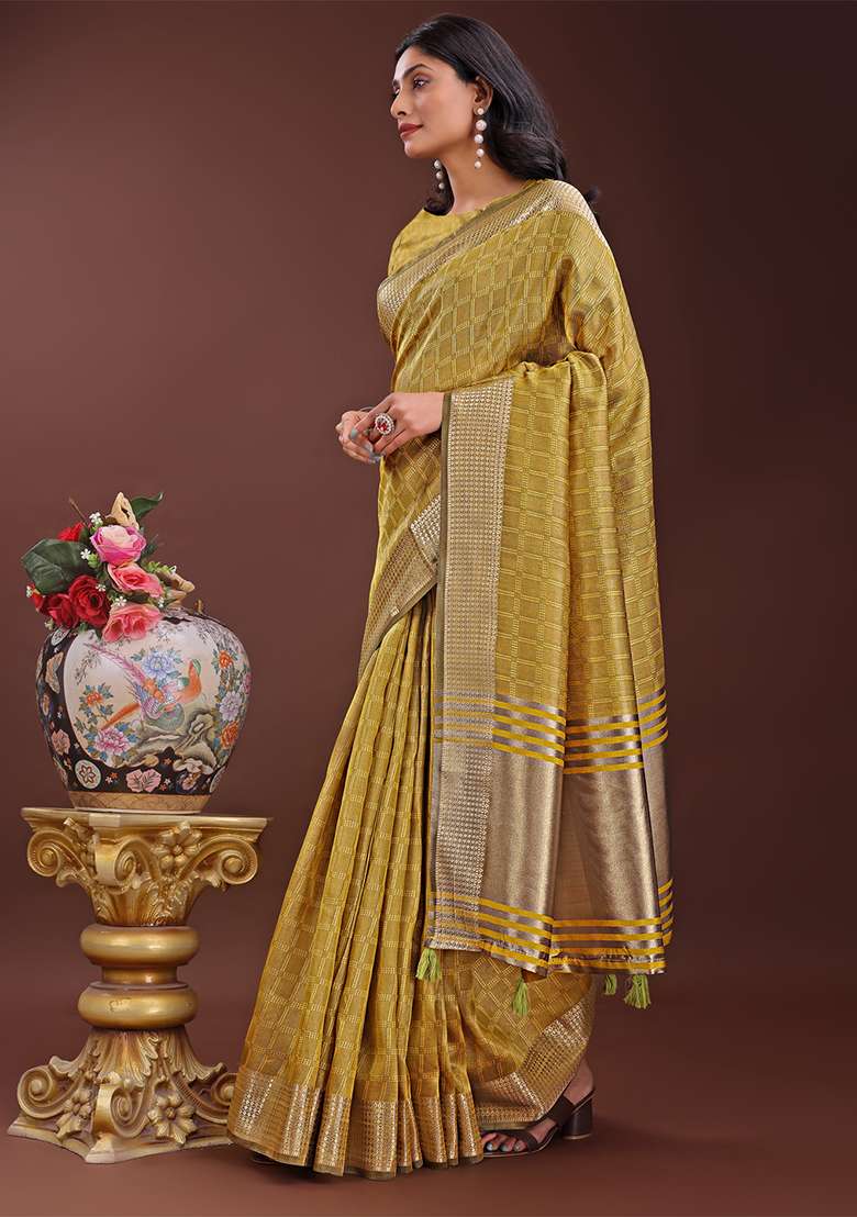 Mustard Yellow Woven Zari Work Organza Saree Set - Indya