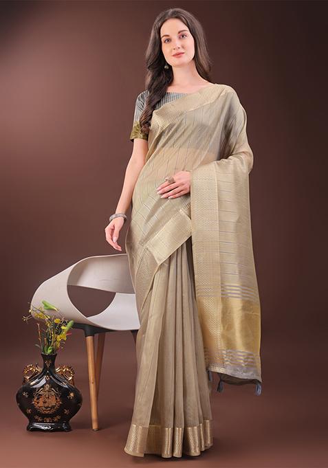 Beige Woven Zari Work Organza Saree Set
