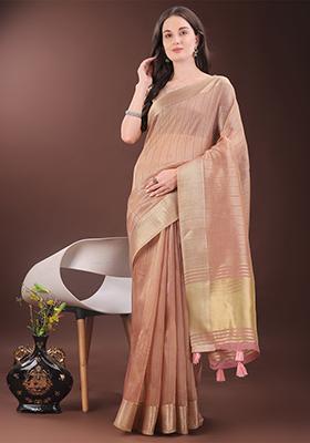 Peach Woven Zari Work Organza Saree Set