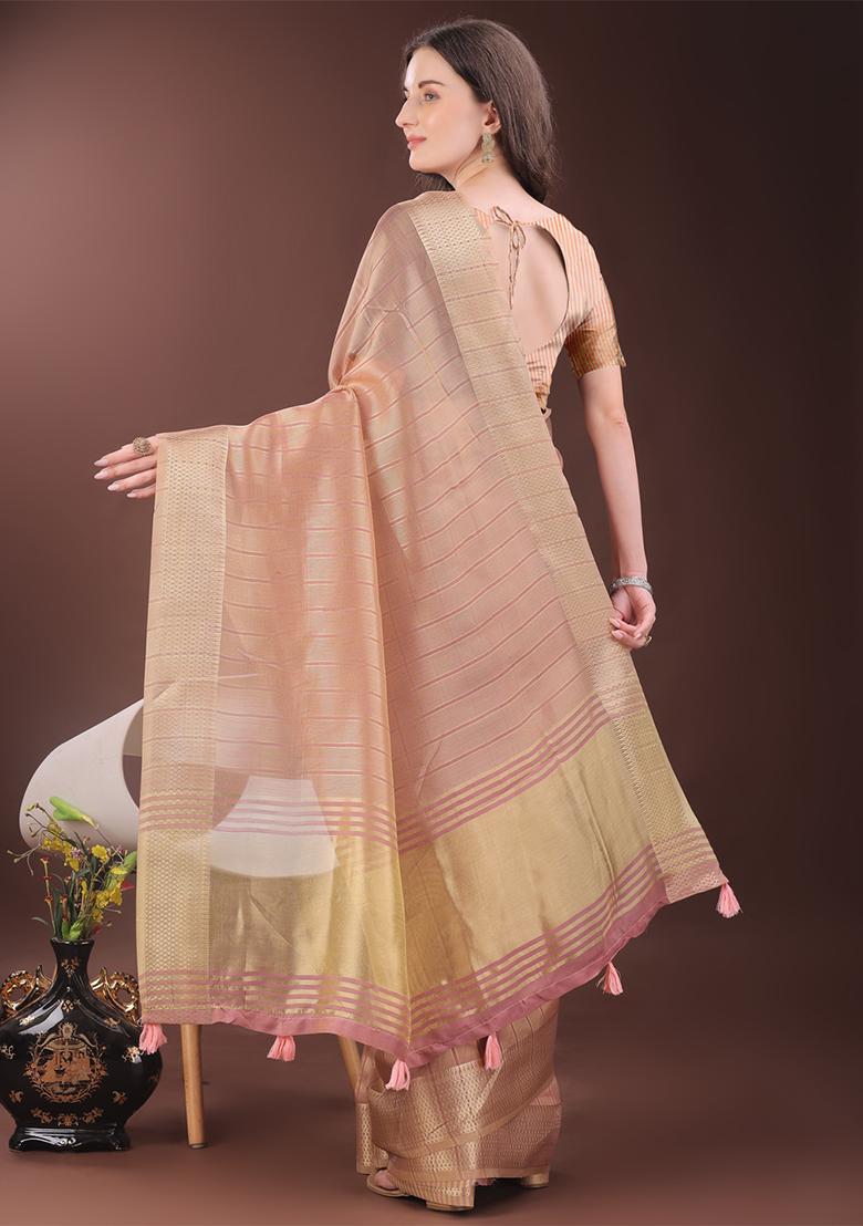Peach Woven Zari Work Organza Saree Set