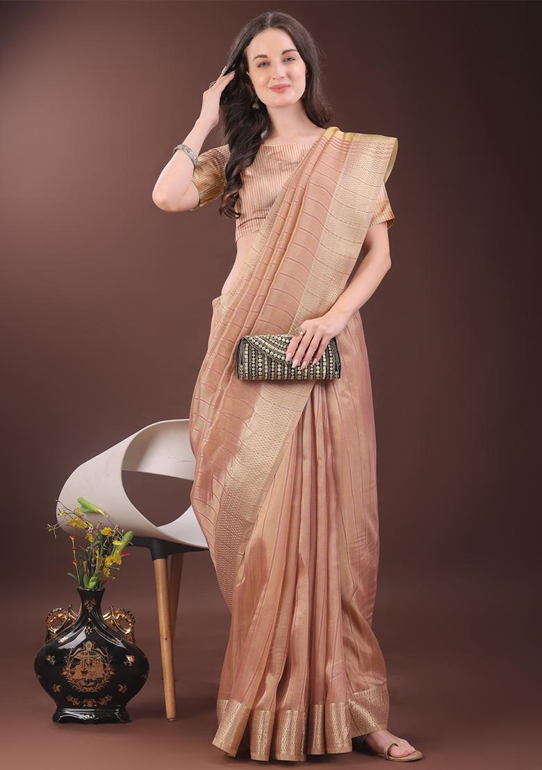 Peach Woven Zari Work Organza Saree Set