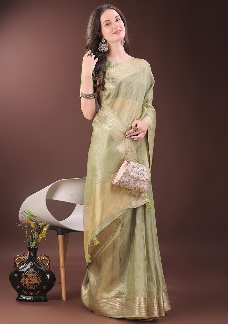 Mint Green Woven Zari Work Organza Saree Set