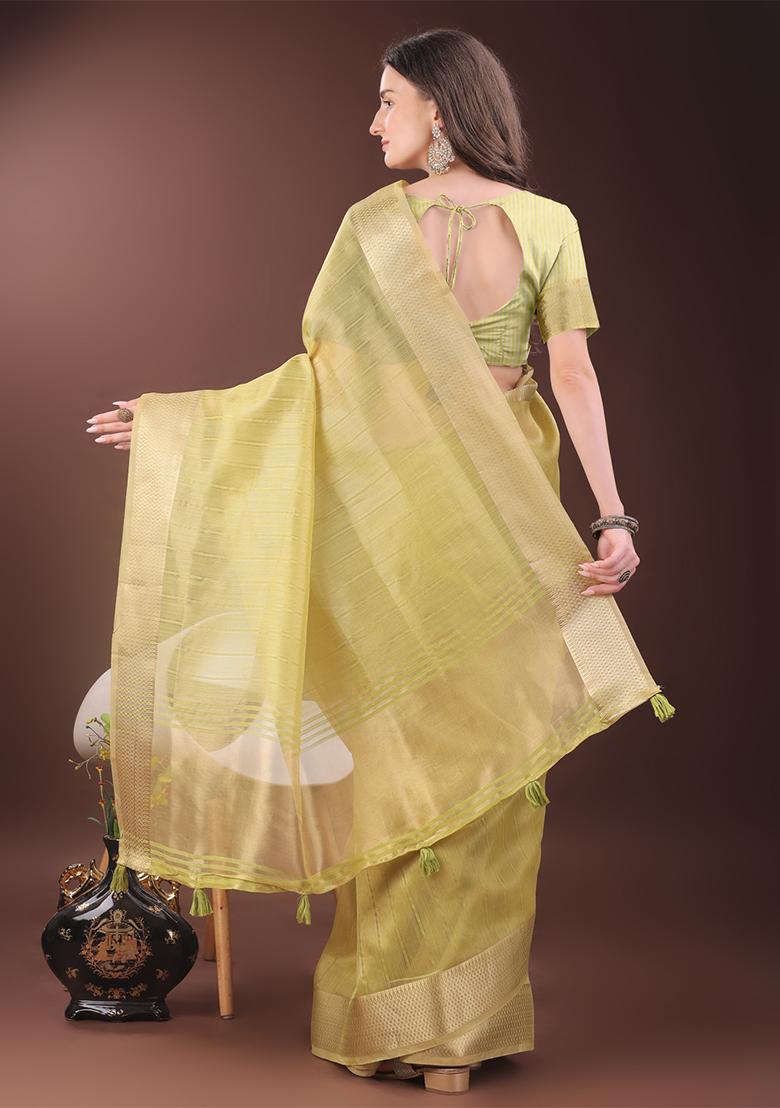 Yellow Woven Zari Work Organza Saree Set