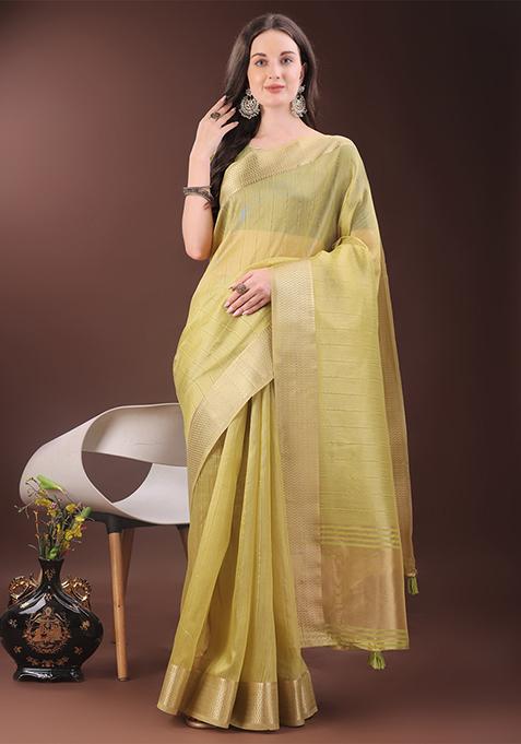 Yellow Woven Zari Work Organza Saree Set