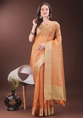 Orange Woven Zari Work Organza Saree Set