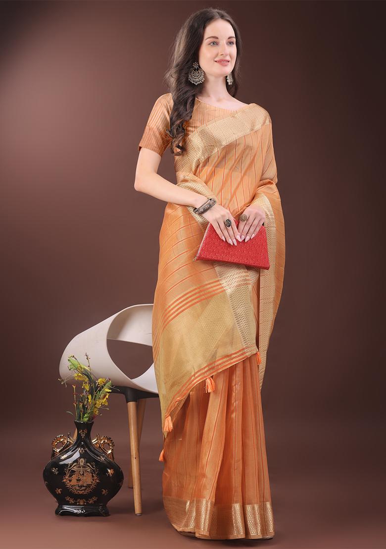 Orange Woven Zari Work Organza Saree Set