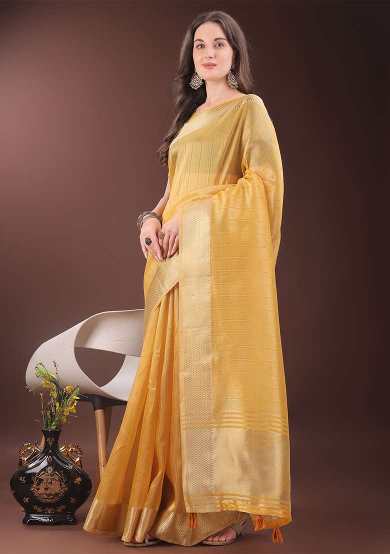 Mustard Yellow Woven Zari Work Organza Saree Set - Indya