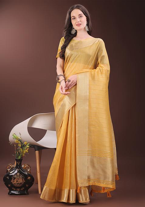 Mustard Yellow Woven Zari Work Organza Saree Set