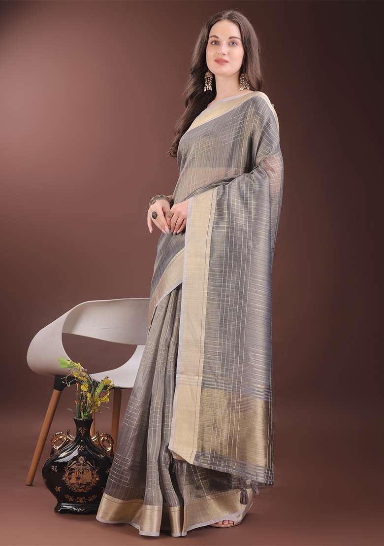 Grey Woven Zari Work Organza Saree Set - Indya