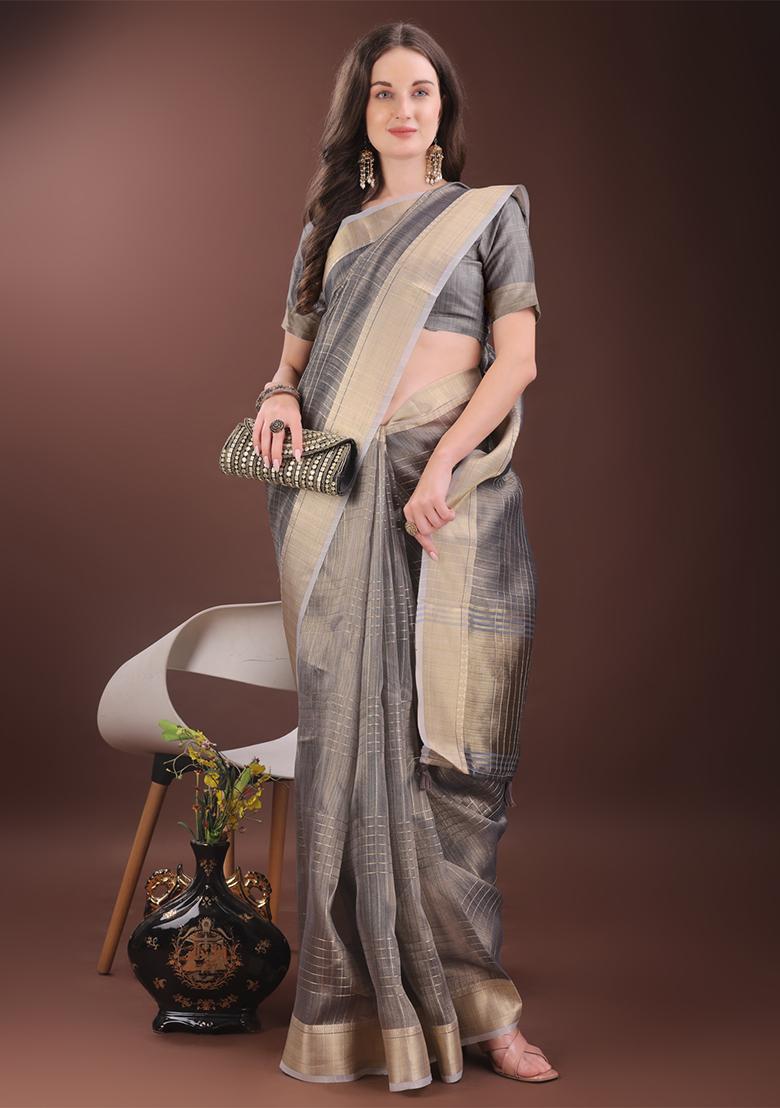 Grey Woven Zari Work Organza Saree Set