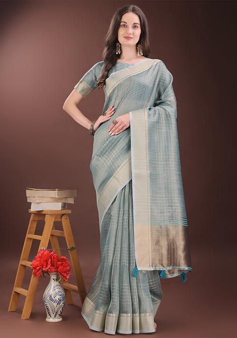 Light Blue Woven Zari Work Organza Saree Set