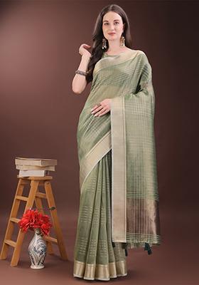 Green Woven Zari Work Organza Saree Set