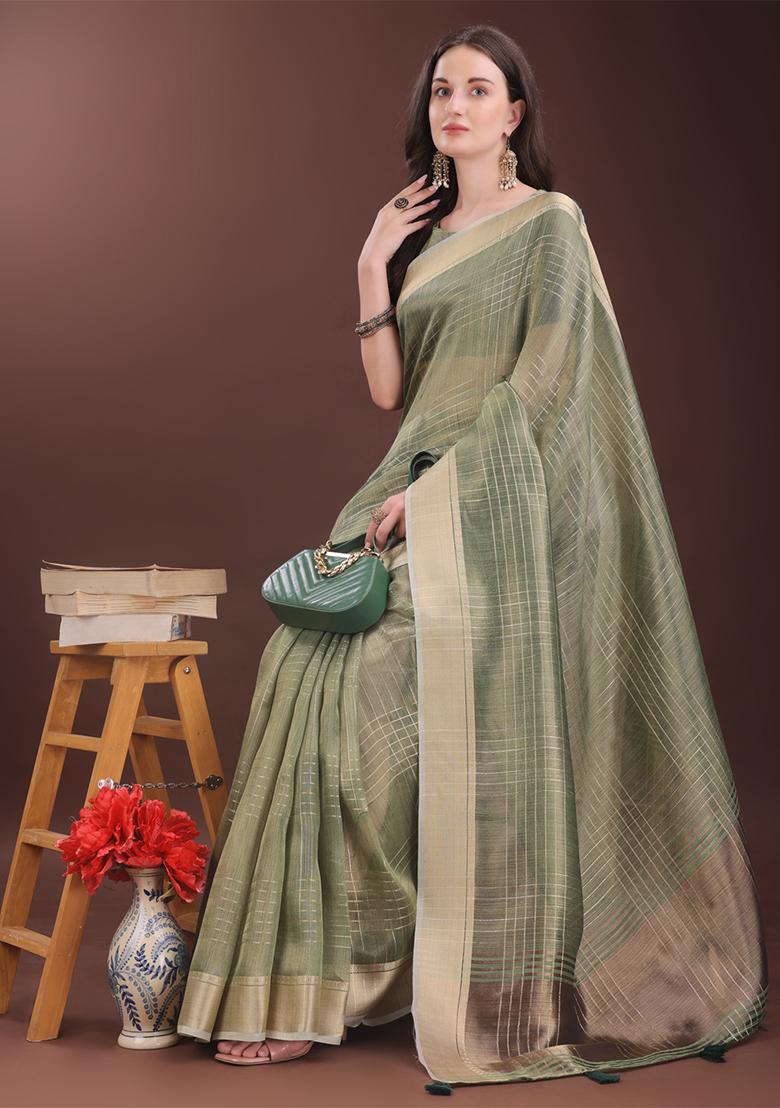 Green Woven Zari Work Organza Saree Set