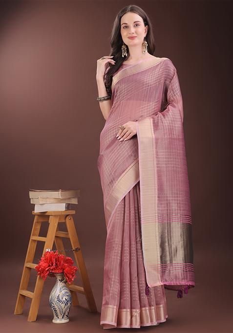 Pink Woven Zari Work Organza Saree Set