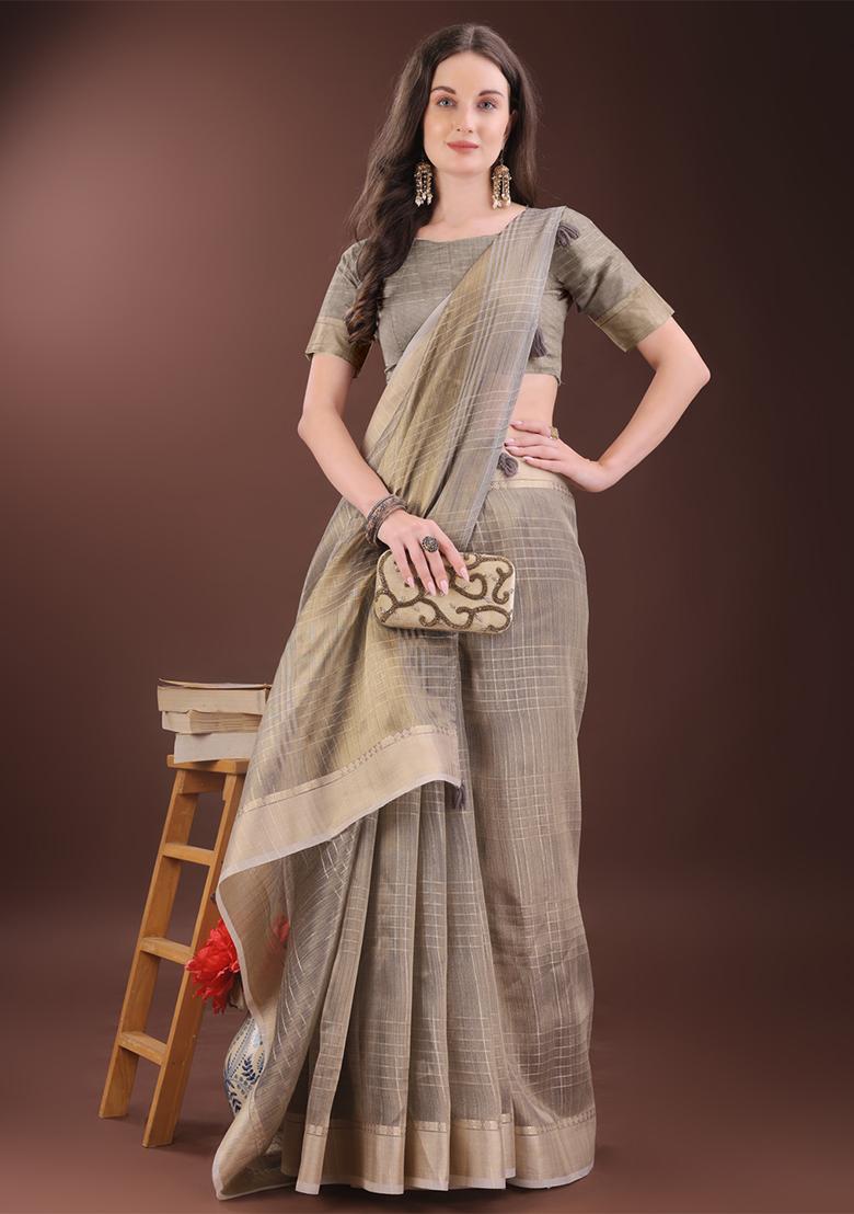 Beige Woven Zari Work Organza Saree Set