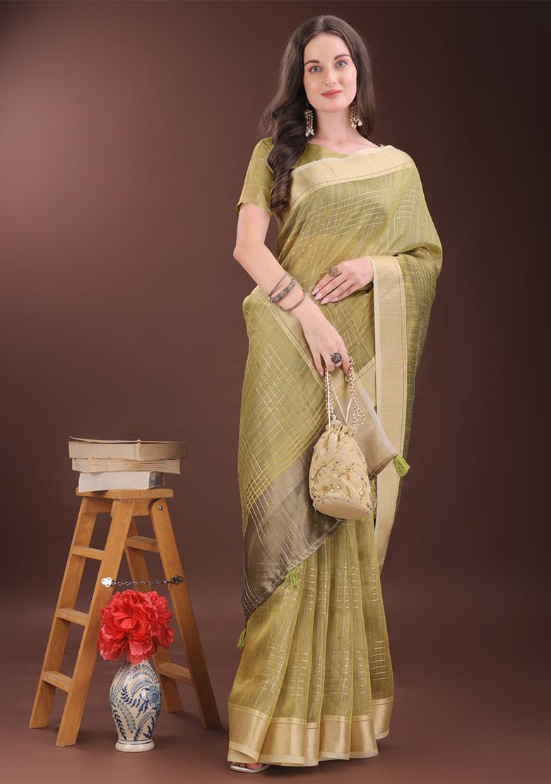 Mehendi Green Woven Zari Work Organza Saree Set