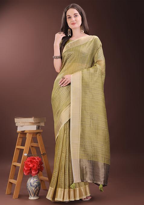 Mehendi Green Woven Zari Work Organza Saree Set
