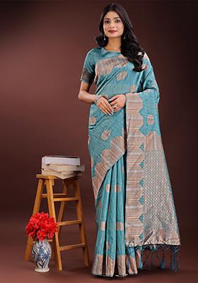 Sky Blue Woven Zari Work Linen Cotton Saree Set